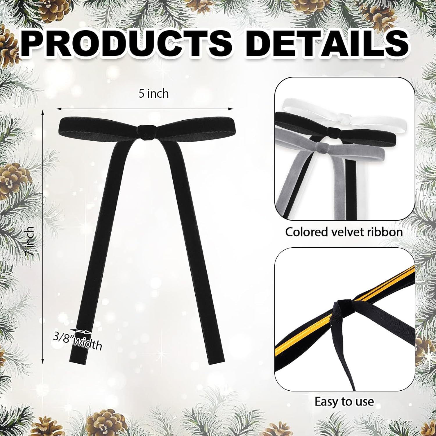Skiennix 24 Pcs Velvet Bows - Vintage Ribbon Bows for Christmas Tree & Crafts | 5 x 7 Inch, Black, White, Gray