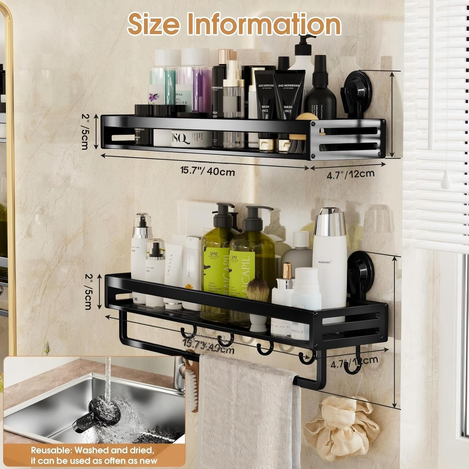 Skiennix Shower Caddy - 15.7 Inch Suction Cup Bathroom Organizer | Rustproof Black Shelf with Hooks & 2 Extra Suction Cups