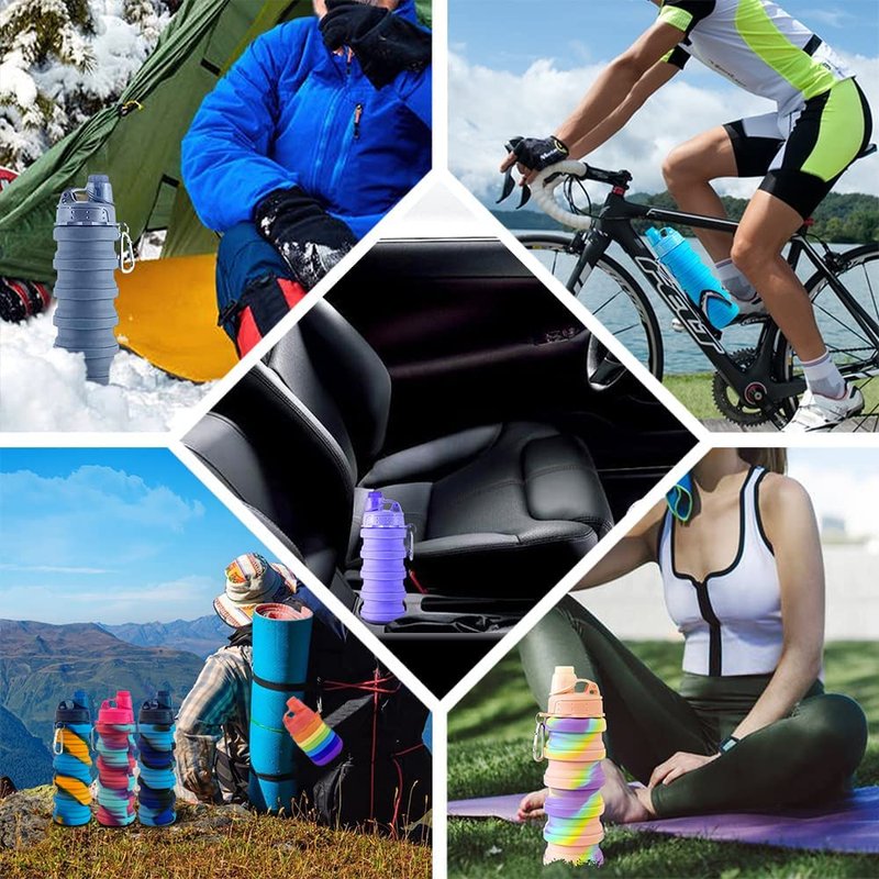 konlongzan Collapsible Water Bottles 3 pack Travel Water Bottle Portable Hiking Water Bottle with Leak proof Twist Cap 500ML Reusable BPA Free Silicone Water Bottles with Carabiner. (Colorful)