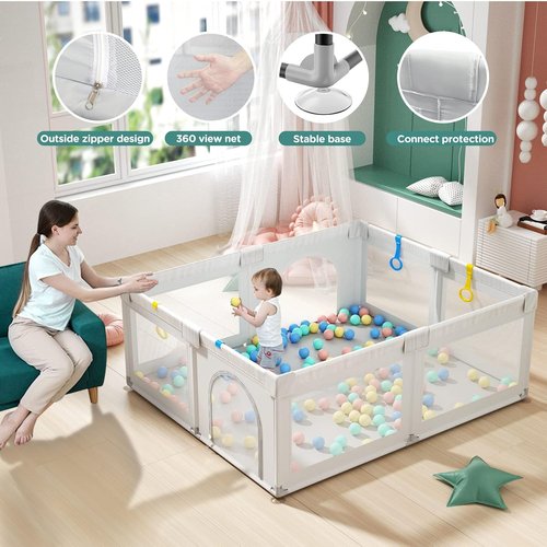 Cherrysea Baby Playpen - Large Anti-Fall Safety Play Center with Gate & 30 Ocean Balls | Toddler Play Area