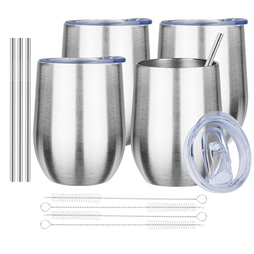 MEZMUT 12oz Insulated Wine Tumbler with Lid Double Wall Vacuum Stainless Steel Wine Glass Coffee Mug Insulated Tumbler Cup for Champaign, Cocktail, Beer (Silver,4 Pack)
