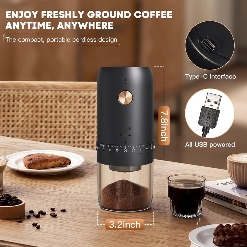 Portable Electric Coffee Grinder, Upgraded External Adjustable 40 Levels Fine to Coarse Settings, Stainless Steel Conical Burr Rechargeable and Faster Grinding for Office,Home,Camping,Travel,Black