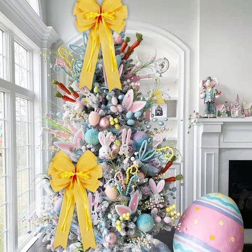Hongsome Large Yellow Easter Wreath Bow Decor - Classic Glitter & Burlap Ribbon | Seasonal Tree Topper