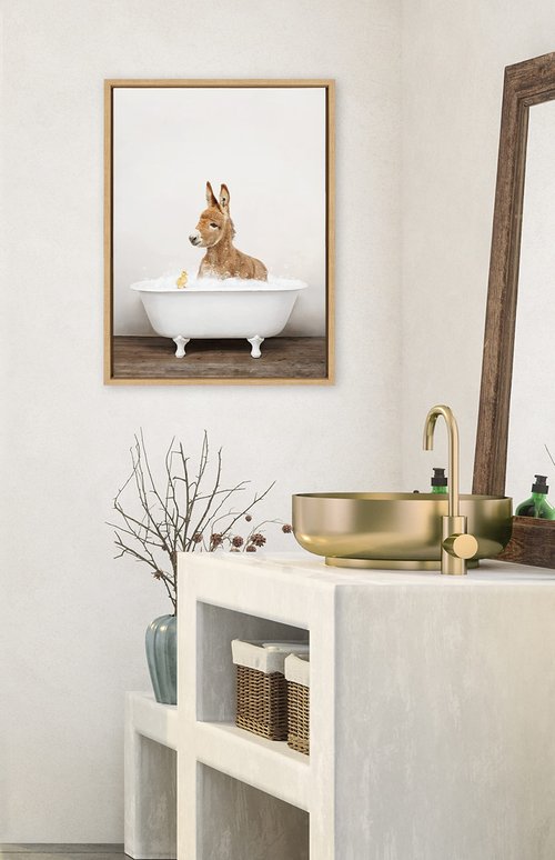Kate and Laurel Sylvie Baby Donkey in Rustic Bath Framed Canvas Wall Art by Amy Peterson Art Studio; 18x24 Natural; Modern Fun Decorative Bathtub Wall Art for Home Décor