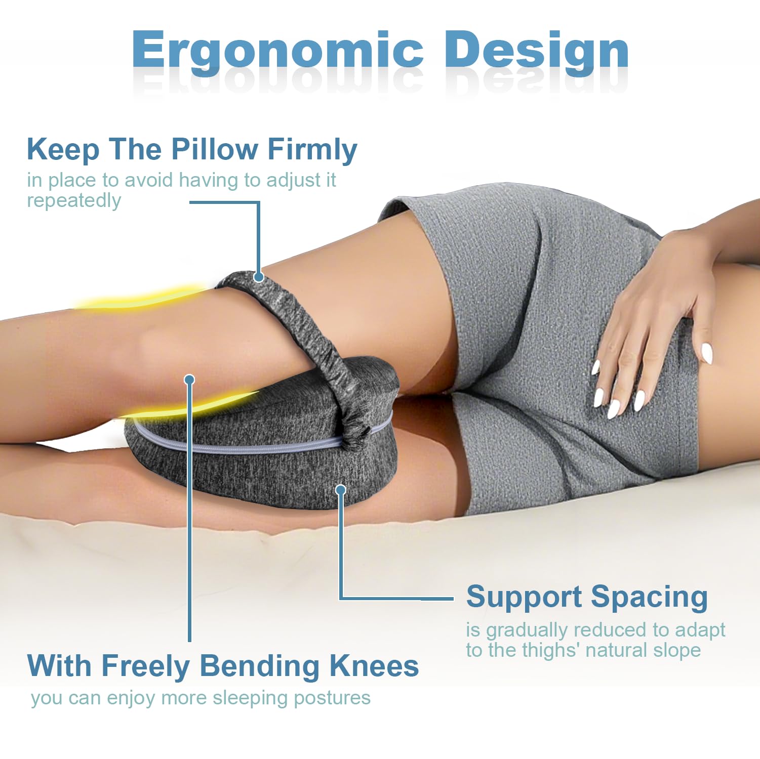 Gloserin Knee Pillow for Side Sleepers, Leg Pillow for Sleeping, Knee Pillow with Strap, Alignment Pillow Between Legs, Suitable for Relieving Leg, Back & Knee Pain, Machine Washable (Grey)