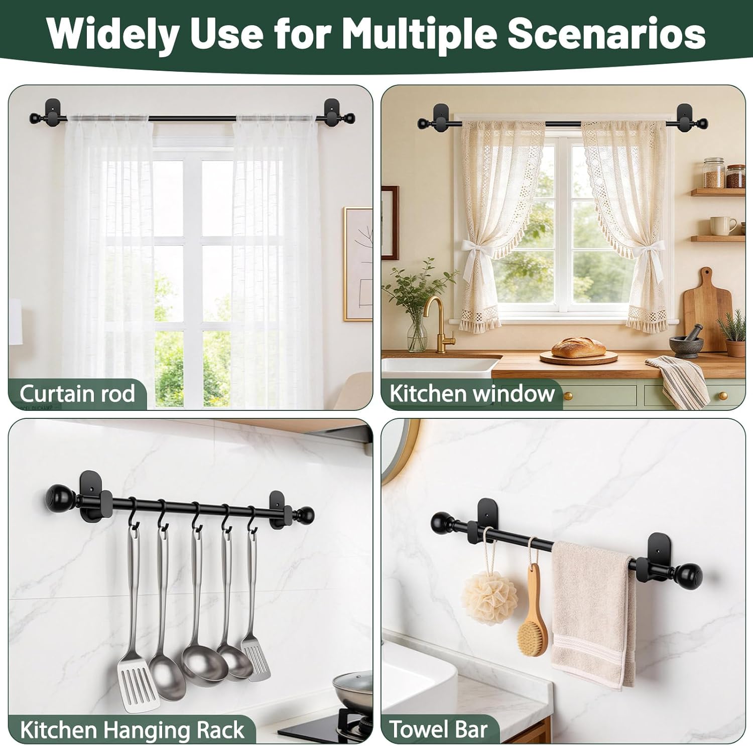 USFOOK No Drill Curtain Rods - Black 48 to 84 Inches | 5/8 Inch with 3M Adhesive Holders