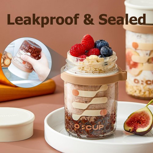4 Pack Overnight Oats Jars,12oz Glass Canning Mason Jar with Airtight Lid and Spoon,Reusable Leakproof Overnight Oats Container for Chia Pudding,Cereal,Fruit,Milk,Salad,Yogurt Meal Prep(Green Yellow)