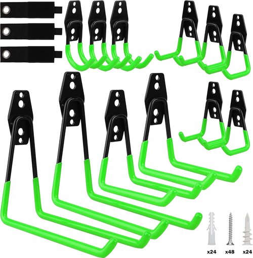 Heavy Duty Garage Tool Storage Wall Hook Set by [Brand Name] - 15PCS Organizer for Garden Tools, Ladders, and Bikes | Green Steel Bracket