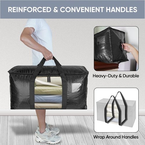 BALEINE 4-Pack Heavy-Duty Moving Bags - Oversized Storage Totes with Reinforced Handles | Black w/Window