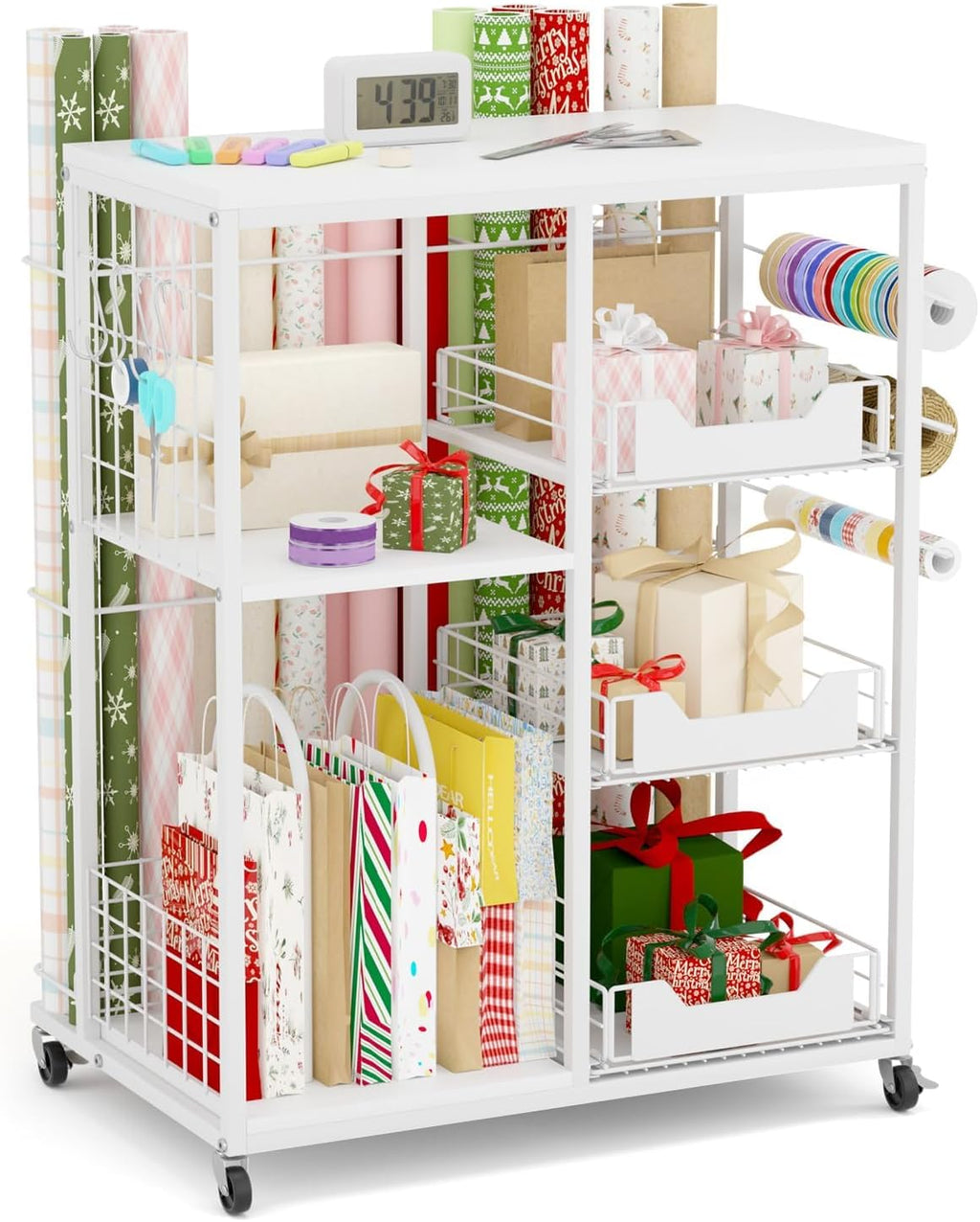 Skiennix Wrapping Paper Organizer - Rolling Gift Wrap Cart with 20 Roll Holders & 3 Drawers - White