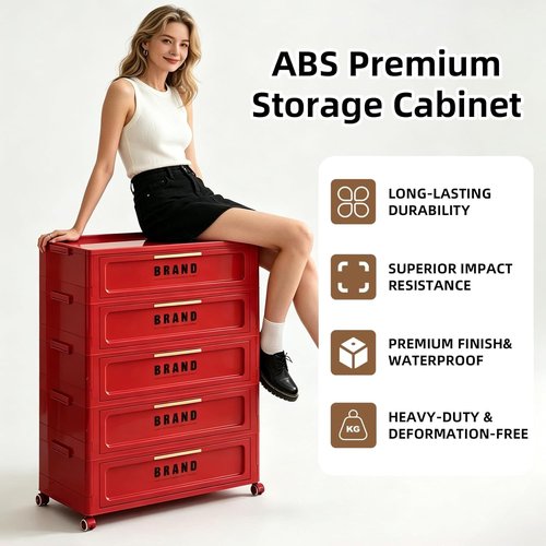 300QT Foldable Storage Cabinet - 5-Tier Organizer with Magnetic Door & Wheels | Space-Saving Unit in Red