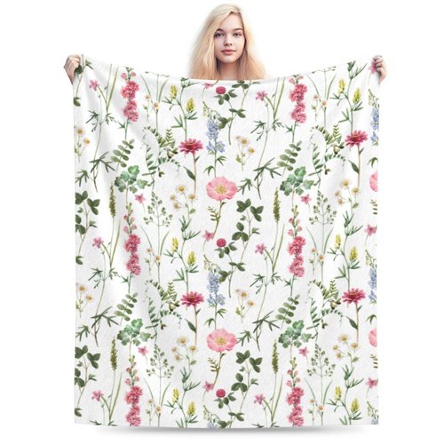 Watercolor Floral Throw Blanket Colorful Wildflower Blanket Botanical Plant Leaf Flower Bed Blankets Soft Warm Cozy Flannel Fleece Throw Blanket for Couch Sofa 40 X 50 Inch