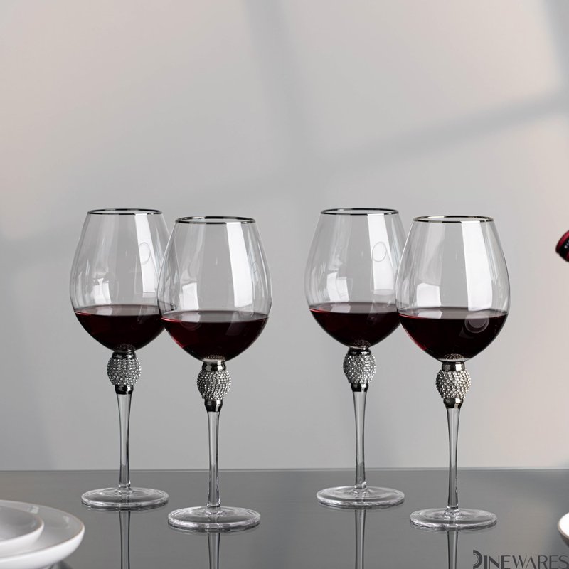 Rimmed Red Wine Glasses with Diamond Rhinestone Accent 18 oz, 10 Inches Tall Perfect Toasting Glasses for Bride and Groom Great for Party Wedding Anniversary and Special Occasion (Silver, Set of 4)