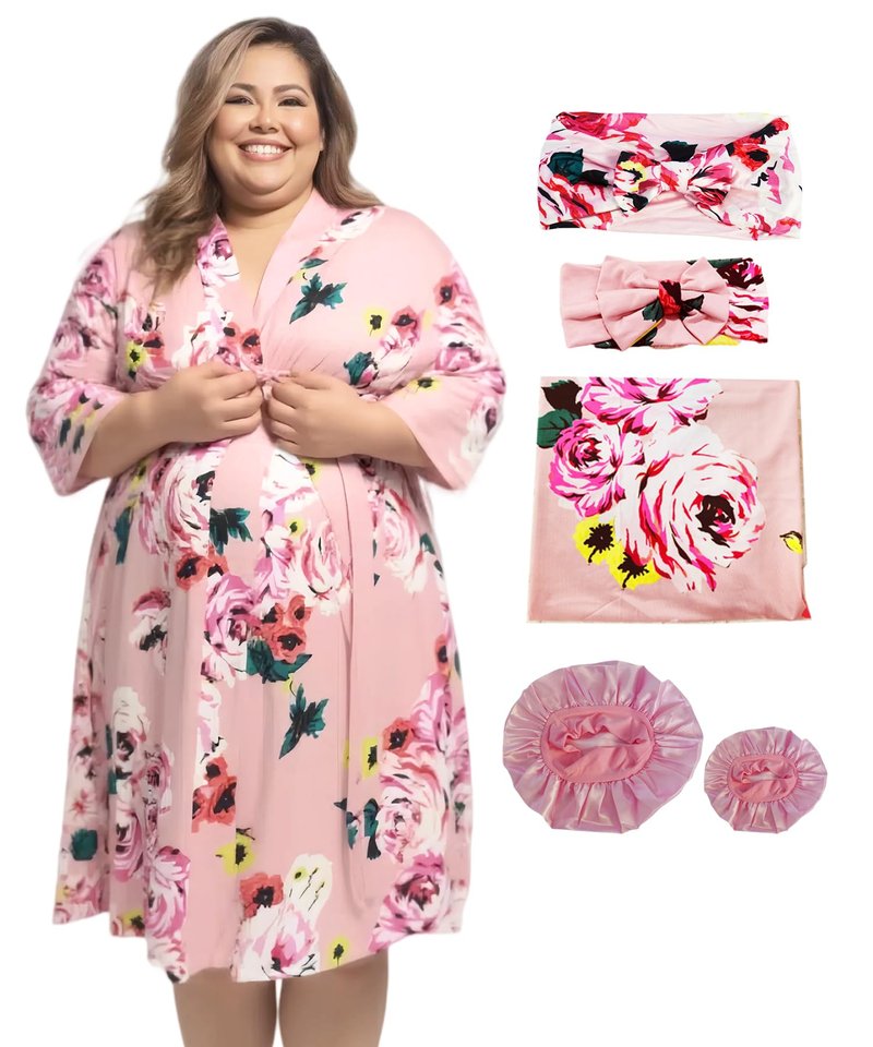 SUFEINI Plus Size Maternity Robe and Matching Baby Swaddle Blanket Set, Mommy Robe with Receiving Blanket Girls Boys Sleepwear (US, Alpha, XX-Large, Plus, Regular, PZA01 Pink)