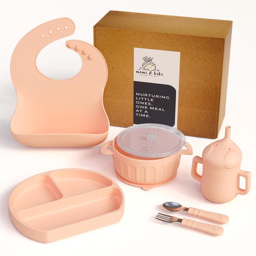 mimi & kiki BPA-Free Silicone Baby Feeding Set, Baby Plates and Bowls Set, Baby Led Weaning Supplies, Silicone Suction Plate, Baby Utensils, Bib and Cup, Self Feeding, Dishwasher Safe (Light Pink)