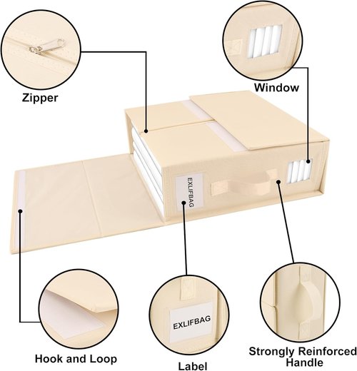**EXLIFBAG Sheet Organizers - Foldable Bedding Storage with Window | XL for Queen & King Size, Beige**