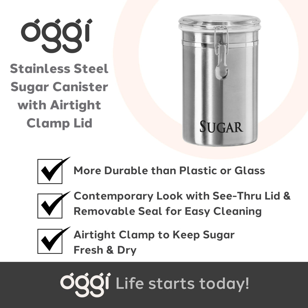 Oggi Stainless Steel Sugar Canister 62 fl oz - Airtight Clamp Lid, Clear See-Thru Top - Ideal Sugar Container for Countertop, Sugar Jar, Bulk Sugar Storage. Large Size 5" x 7.5".