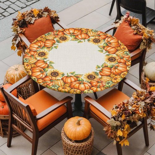 Round Fitted Tablecloth Elastic Edged Table Cover,Thanksgiving Fall Seamless Pumpkin Waterproof Wipeable Table Cloths for Kitchen Dining Party Fit up 55-60in Tables,Watercolor Maple Leaves on Burlap