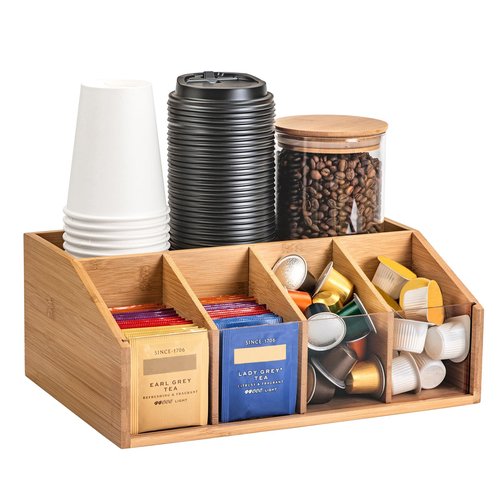 HUCINIUN Bamboo Coffee Station Organizer for Countertop, Coffee Bar Accessories Organizer with 5 Compartments for Tea Bags Condiment, Pods, Creamer, Syrup, Cups