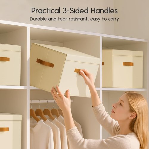 Homsorout Large Storage Bins - Front Opening Fabric Organizers with Lids, Collapsible 6-Pack in Beige