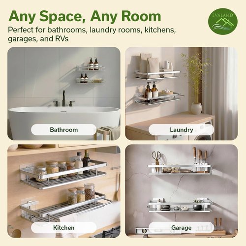 EVALAND Shower Caddy - Adhesive 2-Pack with Hooks & Rod for Towels | Premium Rustproof Bathroom Organizer in Silver
