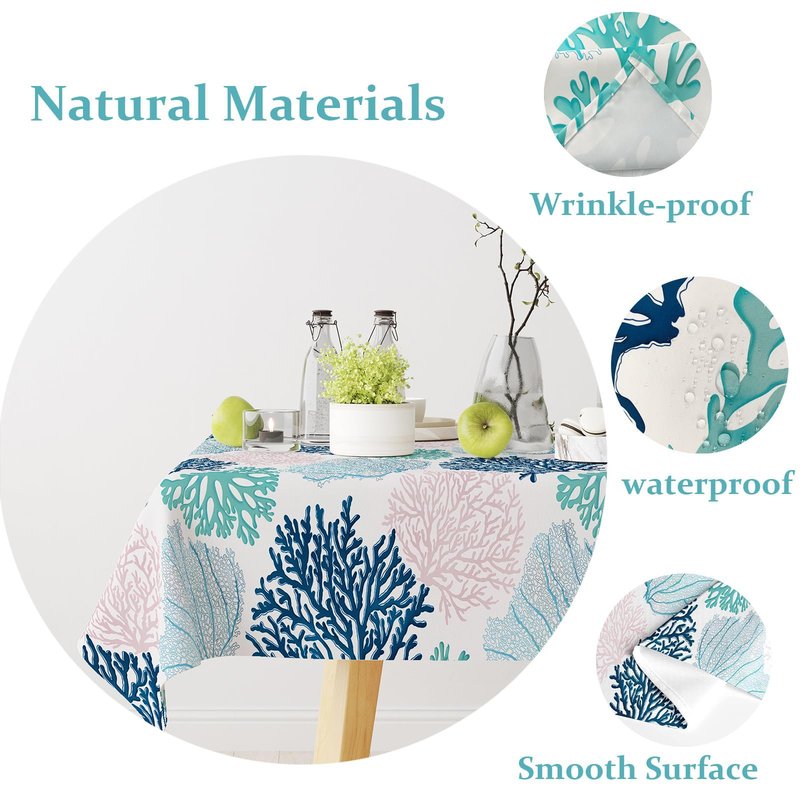 Ocean Tablecloth Coastal Nautical Rectangle Tablecloth Coral Print Ocean Themed Beach Decorative Waterproof Table Covers for Outdoor Dining Room Kitchen Living Room, 60x102 Inches, Navy/Blue/Teal/