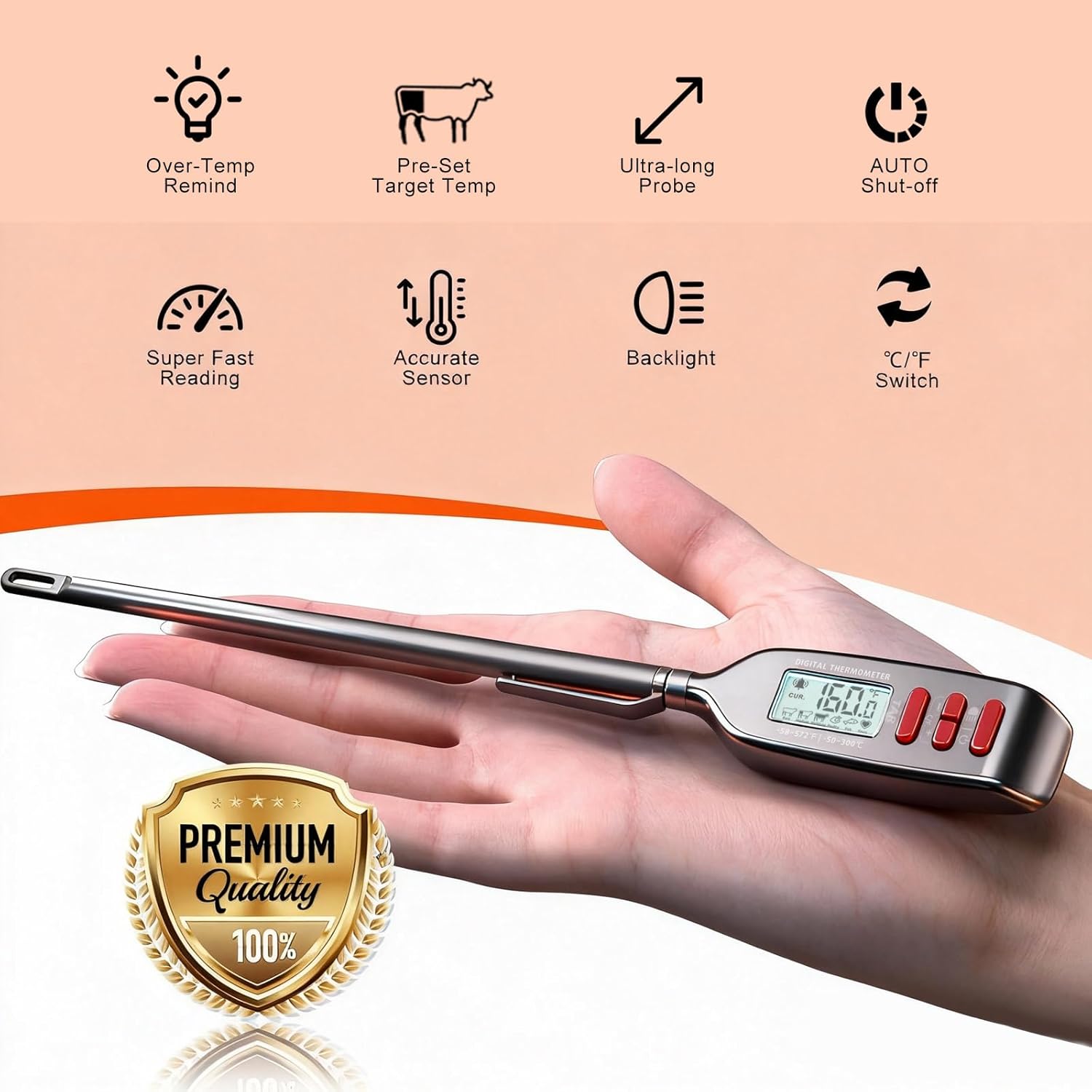 Antonki Digital Meat Thermometer - Instant Read Cooking Thermometer with Long Probe & Backlit Display