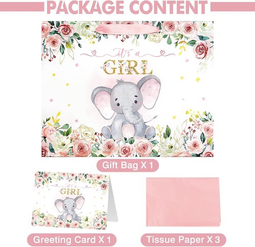 Laidans 13" Large Pink Floral Elephant Baby Shower Gift Bag - Includes Tissue Paper & Card