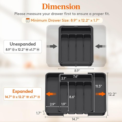 Lifewit Silverware Drawer Organizer, Expandable Utensil Tray for Kitchen, BPA Free Flatware and Cutlery Holder, Adjustable Plastic Storage for Spoons Forks Knives, 8.9-14.7 x 12.2", Black