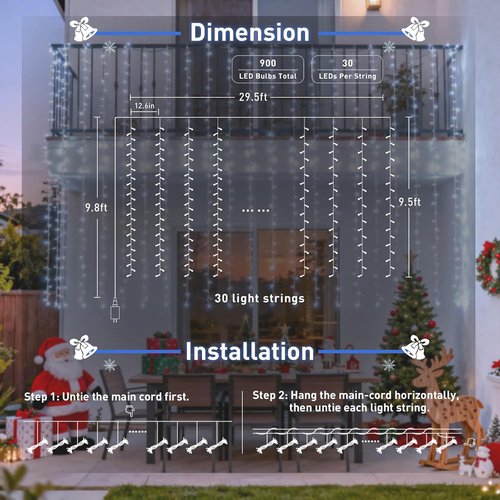JMEXSUSS Curtain Lights - 900 LED White String Lights with Remote | 9.5x29.5ft Indoor/Outdoor Decor
