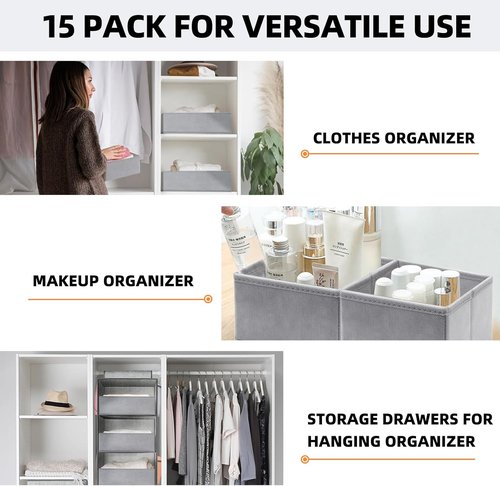 Criusia Drawer Organizers - 15 Pack Foldable Fabric Storage Bins for Clothing & Baby Clothes | Grey