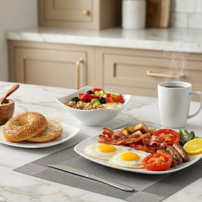 Zulay Kitchen Luna Plates and Bowls Sets, 12 Piece Modern Porcelain Dish Set for 4, Chip and Scratch Resistant Square Dinnerware Set, Microwave and Dishwasher Safe, Pearl White