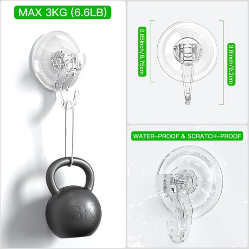LUXEAR Suction Cup Hooks - 6 Pack Reusable Waterproof Hooks for Bathroom, Kitchen & Travel | Clear