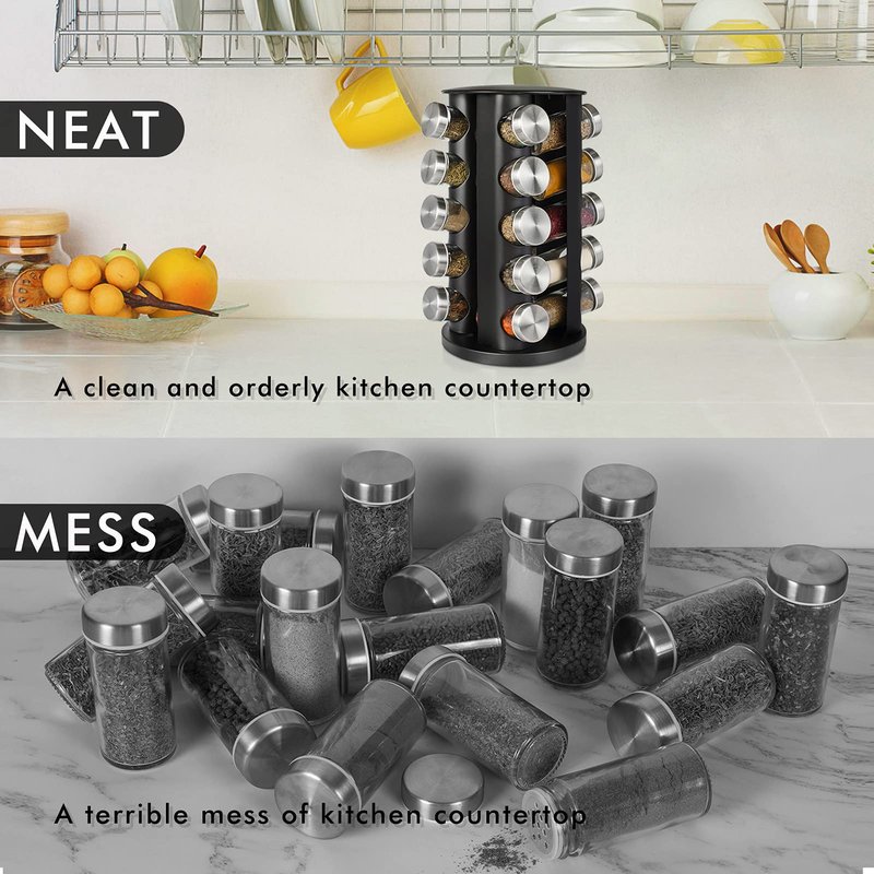 Baker Boutique Spice Rack, Spice Organizer for Countertop, Empty 20-Jars Rotating Rack, Spinning flavoring Rack Shelf, Revolving rack for Kitchen (Black)