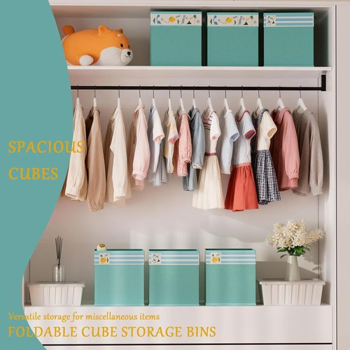 Homyfort Cube Storage Organizer Bins - 12x12 Inch Foldable Fabric Baskets with Handles for Clothes & Toys | Green
