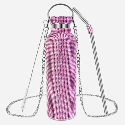 INSTOME Bling Water Bottle with Chain - 25 oz Sparkling Diamond Rhinestone Tumbler, Glittering Reusable Cup for Women Girl