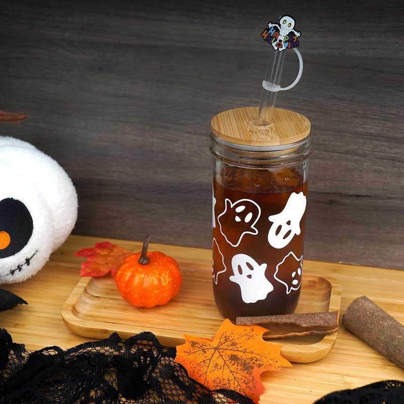 Anotion Ghost Decor 24oz Mason Jar Glass Cups with Lids and Straws - Halloween Tumblers and Coffee Cups - Indoor Decorations