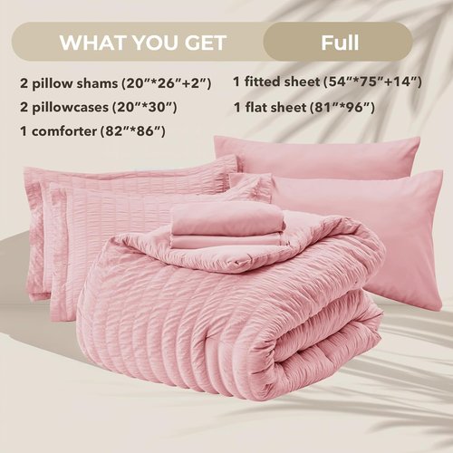 HYMOKEGE Comforter Set - Luxury 7-Piece All-Season Bedding in Pink Seersucker | Full Size