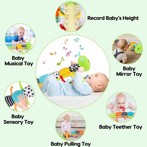 Baby Sensory Toy - Plush Caterpillar Music Toy with Mirror & Crinkle Rattle for Infants 0-6 Months