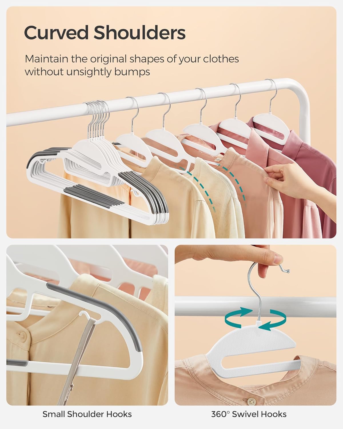 SONGMICS Heavy-Duty Plastic Coat Hangers - Space-Saving Design with 360º Swivel Hook | 50 Pack, Cloud White & Dark Gray