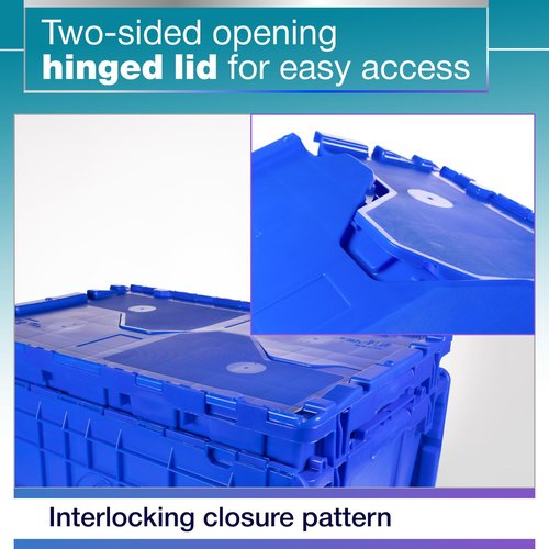 IDL Packaging 14-Gallon Industrial Plastic Tote with Hinged Lids, Blue, Pack of 1 - Heavy-Duty Large 22"L x 15"W x 12"H Container for Warehouses, Garages, and Home Storage