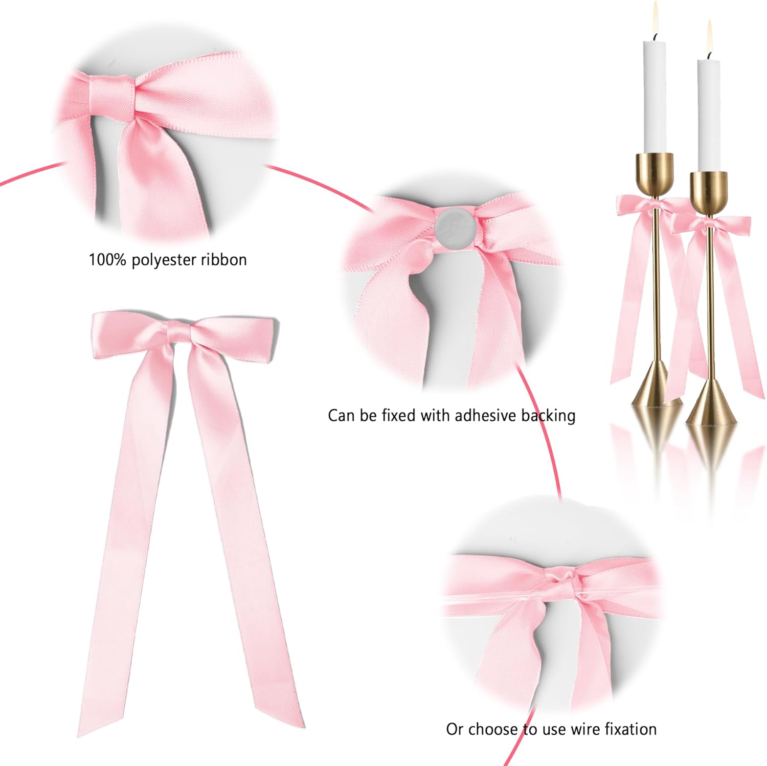 Skiennix 10-Inch Pink Satin Ribbon Bows - 12 Pcs for Candlestick Decor & Gift Wrapping