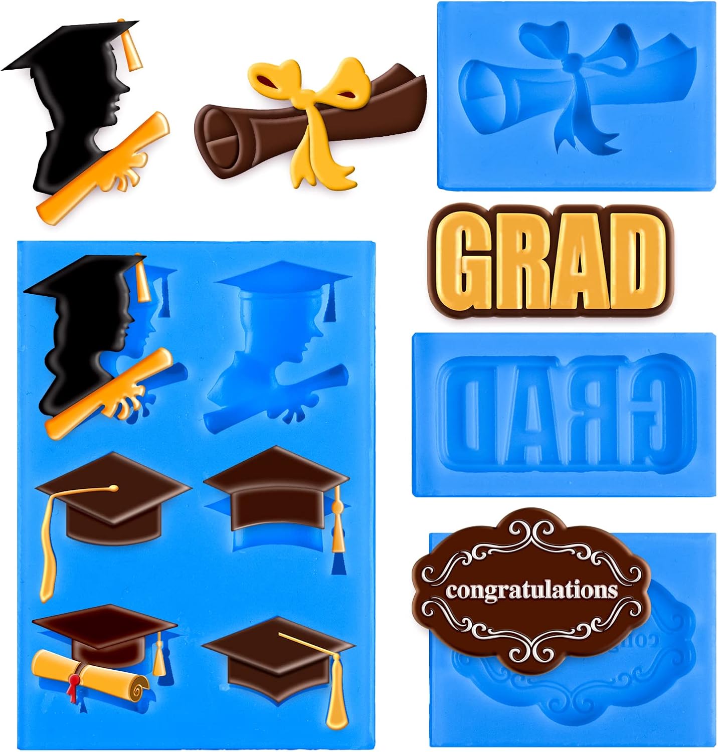 Whaline Graduation Mini Fondant Molds - 4 Pack Silicone Graduation Cap & Diploma | Blue Cake Decor