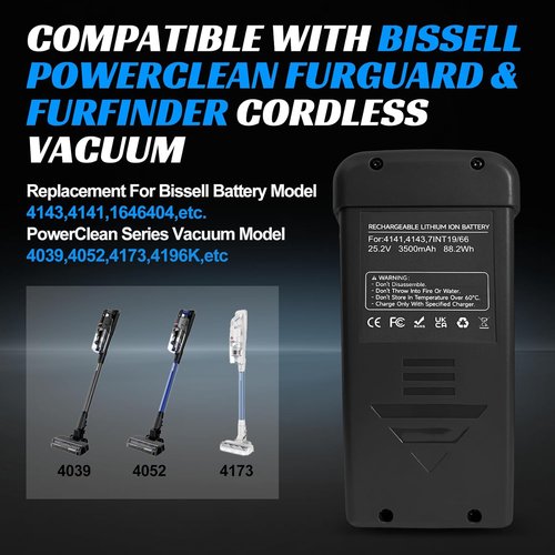 Bissell Replacement Battery - Compatible with PowerClean FurGuard & FurFinder Vacuums | Fits Models 4039, 4052, 4173, 4196K