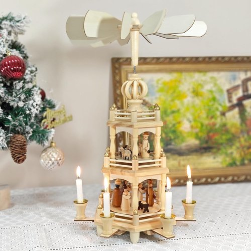 Christmas Pyramids | 18-Inch Wooden Carousel with 6 Candle Holders & Nativity Scene - 3 Tiers