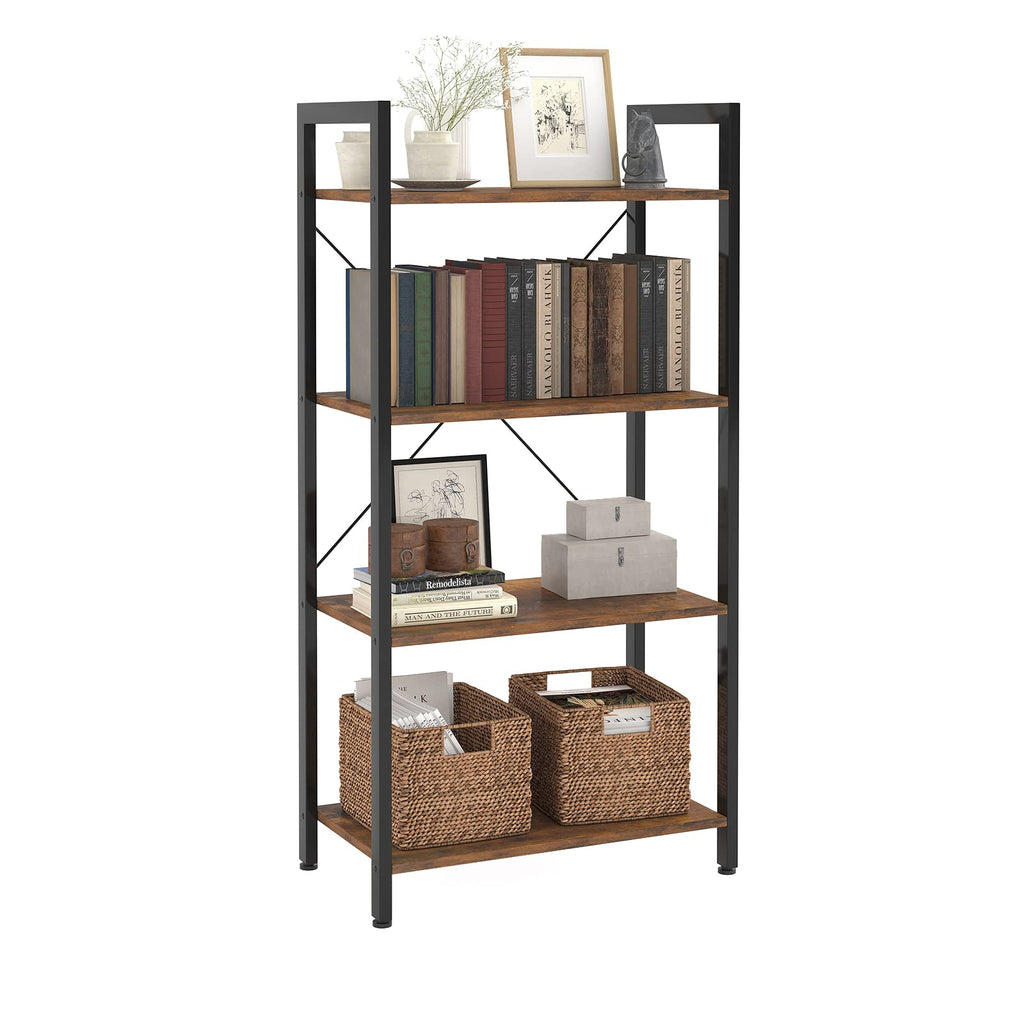 4-Tier Bookshelf, 47.2'' H Ladder Shelf, Industrial Bookcase, Wooden and Metal Storage Rack, Shelving Unit for Living Room Entryway Office, Rustic Brown Book Shelves, 24 * 11.8 * 47.2 inches