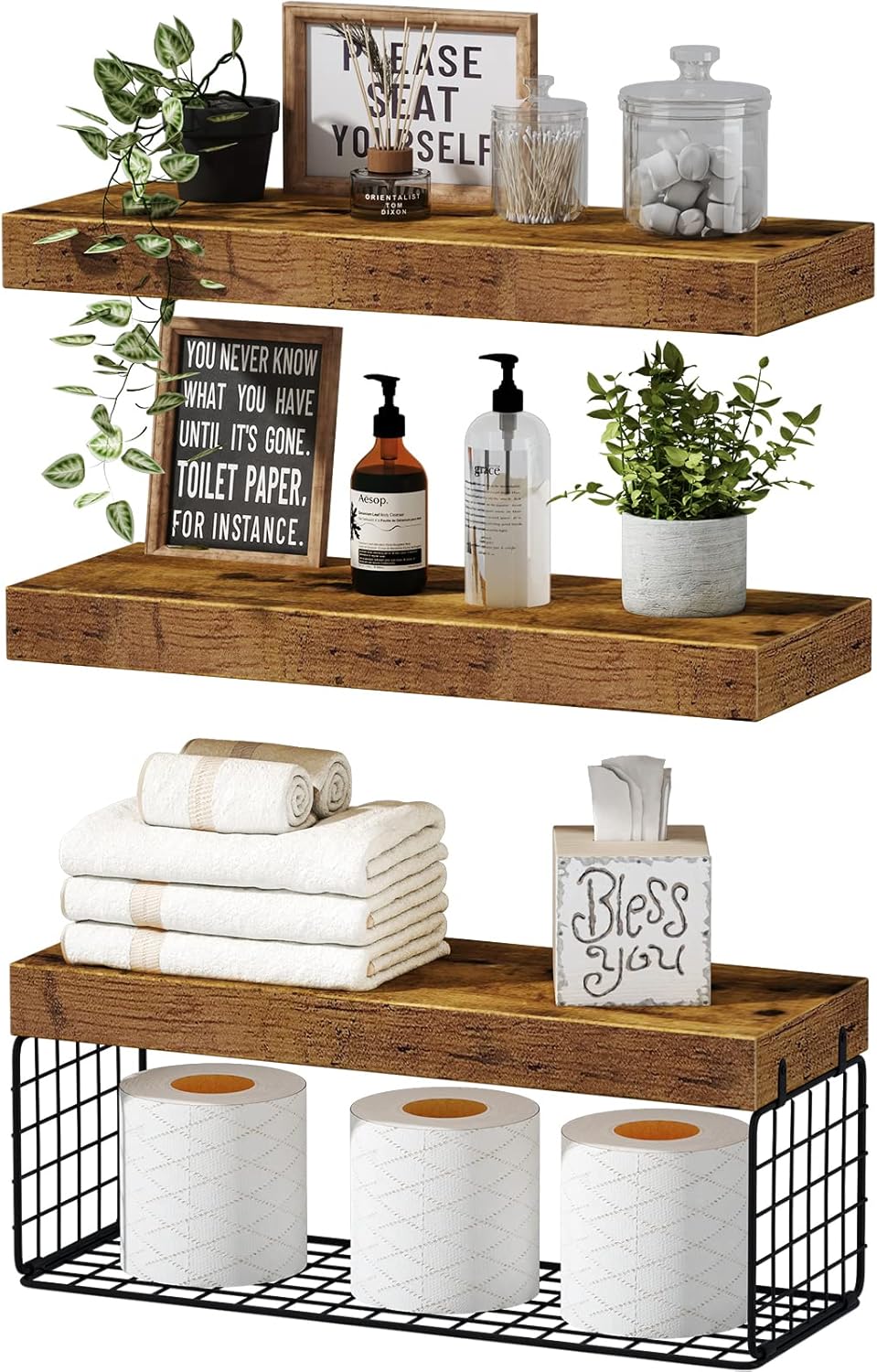 QEEIG Floating Shelves Set - 16-Inch Farmhouse Style | Includes 2 Shelves & 3 Over Toilet Shelves