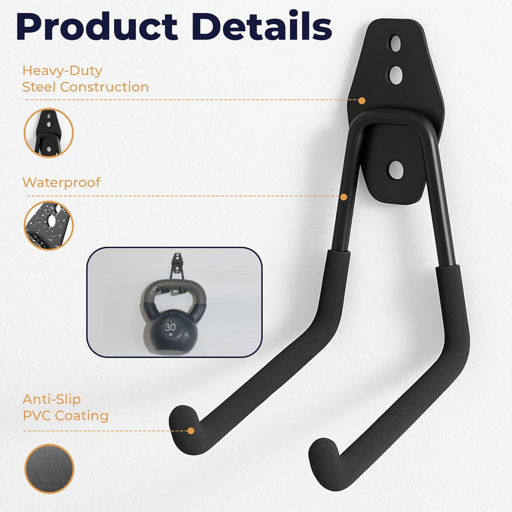 Steel Heavy Duty Garage Hooks - 16 Pack Anti-Slip Wall Mount Organizer for Tools, Bikes & Ladders