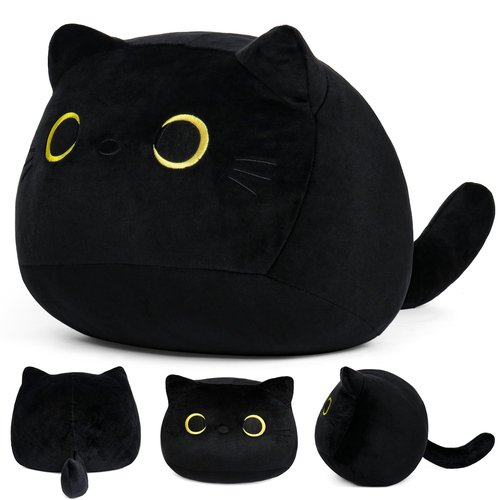JellyMallow Black Cat Plush with 3 Small Cats, Jumbo Cat Stuffed Animals, Kawaii Plush Pillow, Birthday Gift for Kids Boys Girls