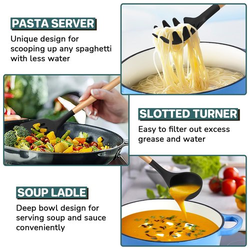 TeamFar Cooking Utensils Set of 7, Silicone Kitchen Utensils Set with Wooden Handles, Heatproof Kitchen Tools for Cooking Turning Serving, Non-stick Cookware Safe, Non-toxic & Non Scratch– Black